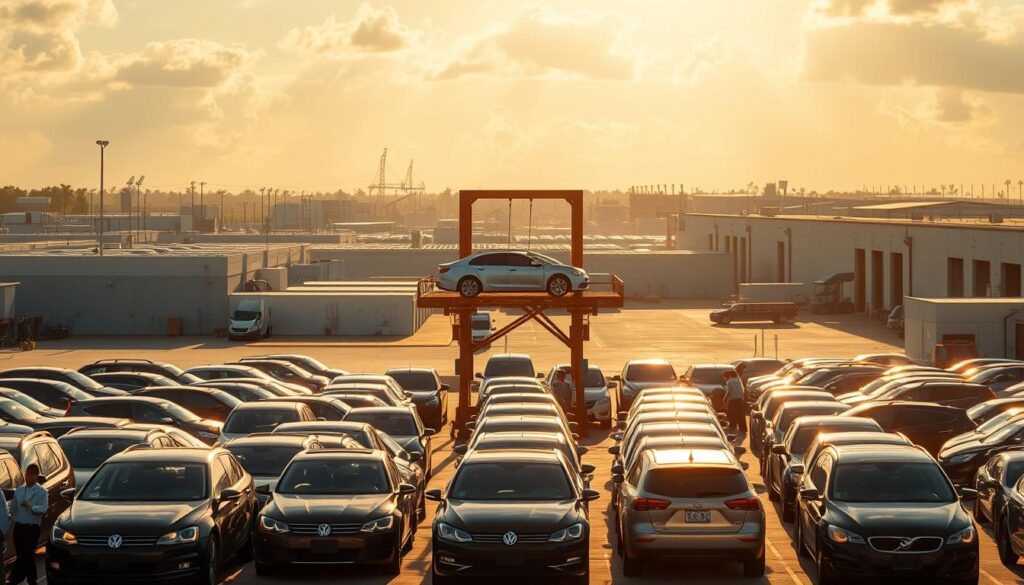 A sun-drenched scene of a bustling car shipping yard in Deltona, Florida. In the foreground, a fleet of shiny, well-maintained vehicles awaits loading onto a state-of-the-art car carrier. Mechanics in crisp uniforms diligently inspect each car, ensuring a smooth and secure transport. In the middle ground, a towering gantry crane effortlessly lifts and loads the cars with precision. The background is dotted with modern warehouses and logistics facilities, all working in harmony to provide Deltona's residents with reliable, hassle-free auto transport services. The warm, golden lighting casts a welcoming glow, conveying the professionalism and attention to detail that characterize this premier car shipping operation. A sun-drenched scene of a bustling car shipping yard in Deltona, Florida. In the foreground, a fleet of shiny, well-maintained vehicles awaits loading onto a state-of-the-art car carrier. Mechanics in crisp uniforms diligently inspect each car, ensuring a smooth and secure transport. In the middle ground, a towering gantry crane effortlessly lifts and loads the cars with precision. The background is dotted with modern warehouses and logistics facilities, all working in harmony to provide Deltona's residents with reliable, hassle-free auto transport services. The warm, golden lighting casts a welcoming glow, conveying the professionalism and attention to detail that characterize this premier car shipping operation.