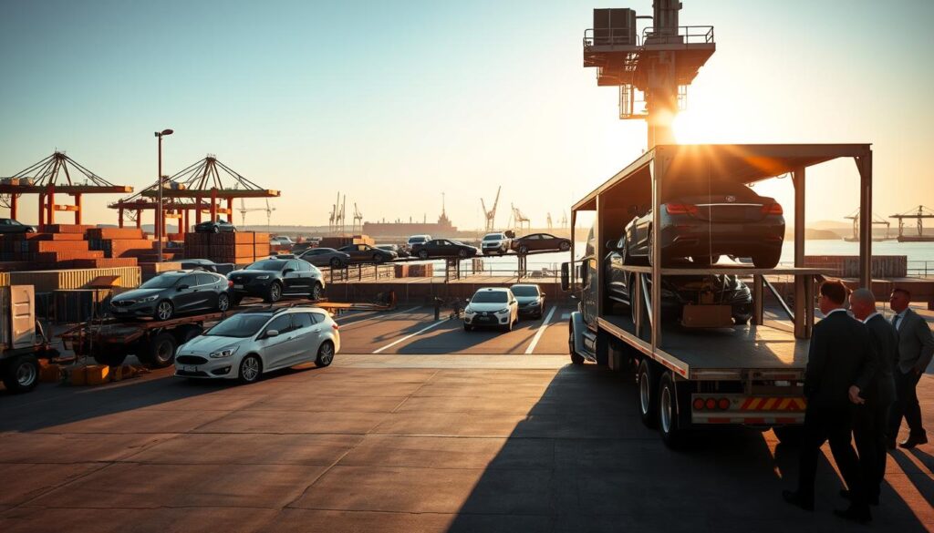 A sun-drenched scene of a busy auto transport operation in the port city of Lavaca. In the foreground, a gleaming car carrier truck, its trailer loaded with a diverse array of vehicles, pauses at a checkpoint. Nearby, a team of skilled drivers and logistics experts coordinate the efficient movement of automobiles, ensuring safe and timely delivery. In the middle ground, the bustling port landscape unfolds, with cranes, shipping containers, and the distant silhouette of a cargo ship on the horizon. The scene is bathed in warm, golden light, creating a sense of professionalism and reliability. The overall atmosphere conveys the reliable, customer-focused nature of Lavaca's premier auto transport and car shipping services. A sun-drenched scene of a busy auto transport operation in the port city of Lavaca. In the foreground, a gleaming car carrier truck, its trailer loaded with a diverse array of vehicles, pauses at a checkpoint. Nearby, a team of skilled drivers and logistics experts coordinate the efficient movement of automobiles, ensuring safe and timely delivery. In the middle ground, the bustling port landscape unfolds, with cranes, shipping containers, and the distant silhouette of a cargo ship on the horizon. The scene is bathed in warm, golden light, creating a sense of professionalism and reliability. The overall atmosphere conveys the reliable, customer-focused nature of Lavaca's premier auto transport and car shipping services.