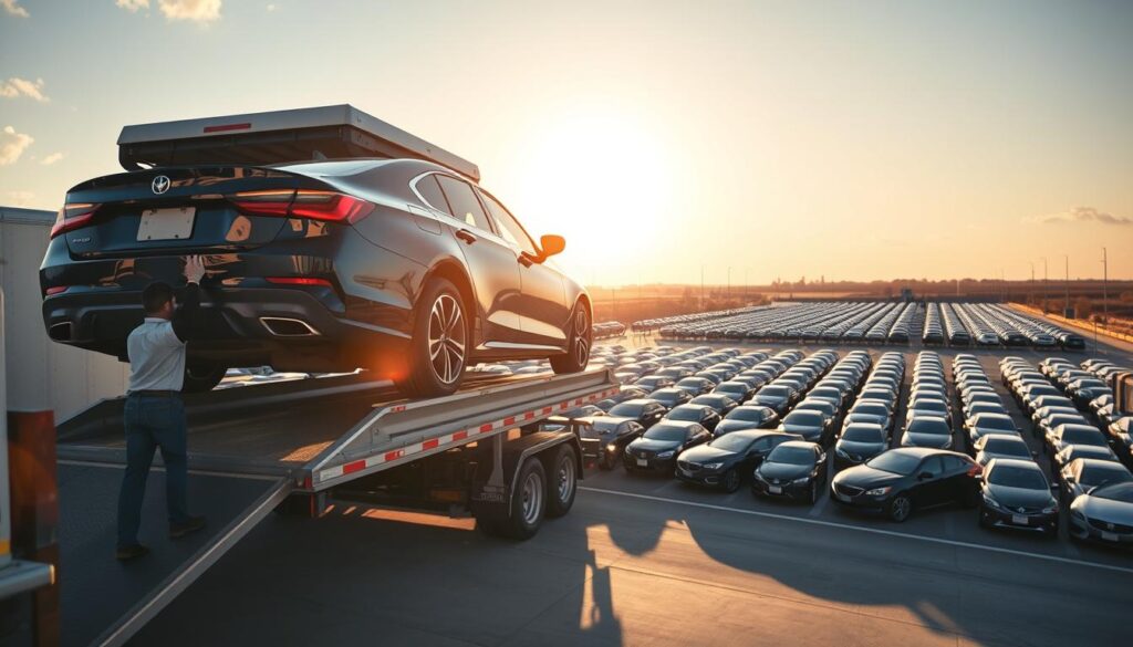 A sun-drenched scene of a car being expertly loaded onto a specialized transport trailer, its sleek exterior gleaming under the warm Texan sky. In the foreground, a skilled crew member carefully secures the vehicle, their practiced movements conveying the trust and reliability that customers have come to expect. In the middle ground, the sprawling expanse of the car shipping facility, with rows of vehicles awaiting their journey to new owners. The background is dominated by the serene backdrop of the Cedar Hill landscape, a testament to the care and attention given to each and every car entrusted to this trusted Texas service. A sun-drenched scene of a car being expertly loaded onto a specialized transport trailer, its sleek exterior gleaming under the warm Texan sky. In the foreground, a skilled crew member carefully secures the vehicle, their practiced movements conveying the trust and reliability that customers have come to expect. In the middle ground, the sprawling expanse of the car shipping facility, with rows of vehicles awaiting their journey to new owners. The background is dominated by the serene backdrop of the Cedar Hill landscape, a testament to the care and attention given to each and every car entrusted to this trusted Texas service.