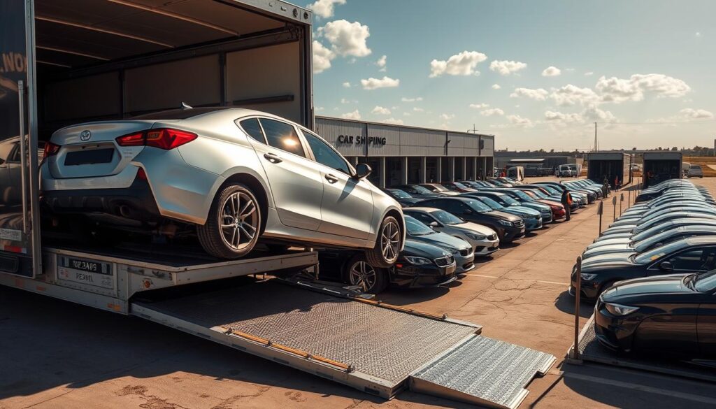 A sun-drenched scene of a car shipping yard in Burleson, Texas. In the foreground, a gleaming silver sedan is carefully loaded onto a specialized car transport trailer, its wheels secured and ready for a safe journey. In the middle ground, rows of vehicles in various colors and models await their turn, meticulously organized and protected. In the background, the bustling activity of the shipping facility is visible, with workers diligently overseeing the loading and unloading processes. The atmosphere is one of efficiency and professionalism, conveying the reliability and transparency of Burleson's trusted car shipping service. A sun-drenched scene of a car shipping yard in Burleson, Texas. In the foreground, a gleaming silver sedan is carefully loaded onto a specialized car transport trailer, its wheels secured and ready for a safe journey. In the middle ground, rows of vehicles in various colors and models await their turn, meticulously organized and protected. In the background, the bustling activity of the shipping facility is visible, with workers diligently overseeing the loading and unloading processes. The atmosphere is one of efficiency and professionalism, conveying the reliability and transparency of Burleson's trusted car shipping service.