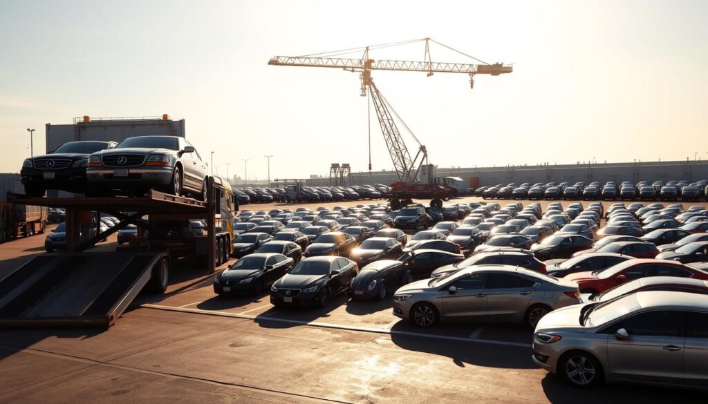 A sun-drenched shipping yard, filled with a fleet of gleaming cars awaiting transport. In the foreground, a massive car carrier truck stands ready, its ramps extended, ready to gently load the vehicles. The middle ground reveals rows of sedans, SUVs, and luxury cars, their polished exteriors catching the warm light. In the background, a towering crane hovers, its mechanical arms poised to lift and position the cars onto the carrier. The scene exudes a sense of efficiency and professionalism, capturing the essence of reliable auto transport services in Corinth. A sun-drenched shipping yard, filled with a fleet of gleaming cars awaiting transport. In the foreground, a massive car carrier truck stands ready, its ramps extended, ready to gently load the vehicles. The middle ground reveals rows of sedans, SUVs, and luxury cars, their polished exteriors catching the warm light. In the background, a towering crane hovers, its mechanical arms poised to lift and position the cars onto the carrier. The scene exudes a sense of efficiency and professionalism, capturing the essence of reliable auto transport services in Corinth.