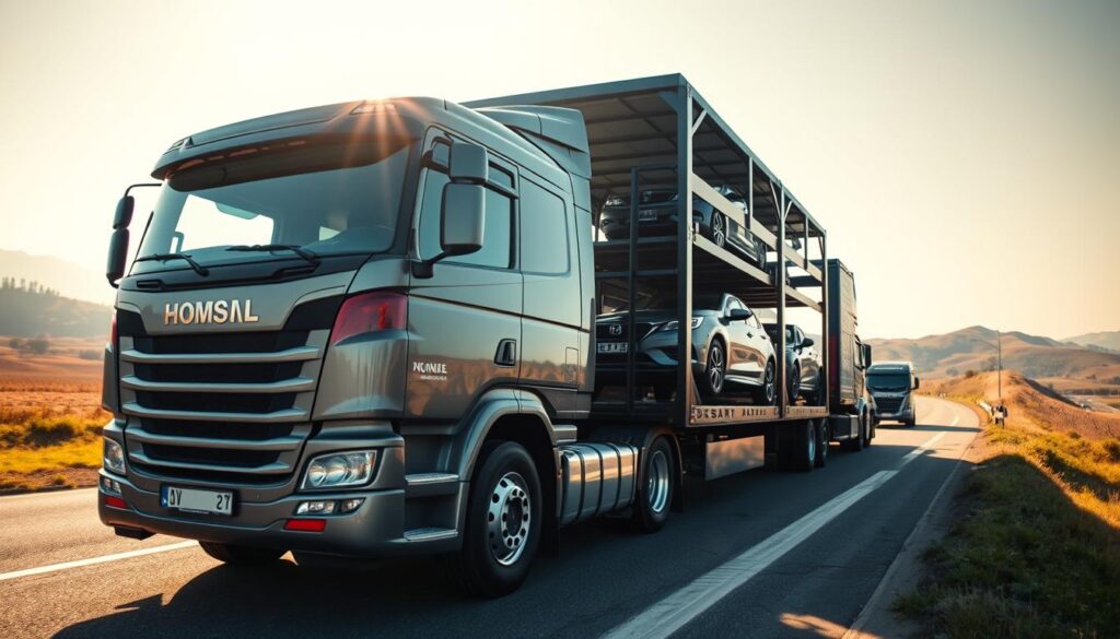 A sun-drenched, wide-angle view of a car transport truck loading vehicles onto its multi-level carrier, with the backdrop of a rural highway and rolling hills. The truck's cab is prominently featured, with its bold logo and livery representing a reputable auto transport company. In the foreground, a shiny, freshly washed sedan is being carefully loaded, its exterior gleaming under the warm, natural lighting. The middle ground showcases additional vehicles being securely fastened, while the background fades into a hazy, serene landscape, conveying a sense of reliability, efficiency, and the trustworthy nature of the car shipping service. A sun-drenched, wide-angle view of a car transport truck loading vehicles onto its multi-level carrier, with the backdrop of a rural highway and rolling hills. The truck's cab is prominently featured, with its bold logo and livery representing a reputable auto transport company. In the foreground, a shiny, freshly washed sedan is being carefully loaded, its exterior gleaming under the warm, natural lighting. The middle ground showcases additional vehicles being securely fastened, while the background fades into a hazy, serene landscape, conveying a sense of reliability, efficiency, and the trustworthy nature of the car shipping service.