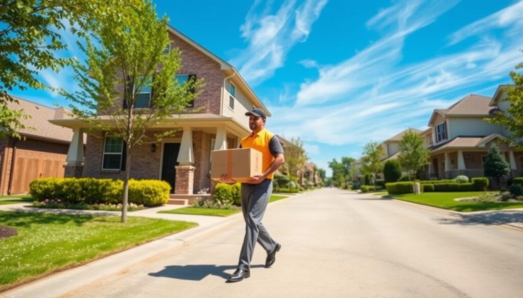 A sunny, residential street in Forney, Texas. In the foreground, a delivery driver in a crisp uniform approaches a charming, two-story house with a well-manicured lawn. He carries a medium-sized package, ready to provide the trusted, door-to-door auto transport service that Forney's residents have come to rely on. The middle ground features other homes with neatly trimmed hedges and flowering gardens, creating a welcoming, small-town atmosphere. In the background, a clear blue sky with wispy, white clouds completes the picturesque scene, conveying a sense of reliability and professionalism that the article's readers can expect from the local auto transport company. A sunny, residential street in Forney, Texas. In the foreground, a delivery driver in a crisp uniform approaches a charming, two-story house with a well-manicured lawn. He carries a medium-sized package, ready to provide the trusted, door-to-door auto transport service that Forney's residents have come to rely on. The middle ground features other homes with neatly trimmed hedges and flowering gardens, creating a welcoming, small-town atmosphere. In the background, a clear blue sky with wispy, white clouds completes the picturesque scene, conveying a sense of reliability and professionalism that the article's readers can expect from the local auto transport company.