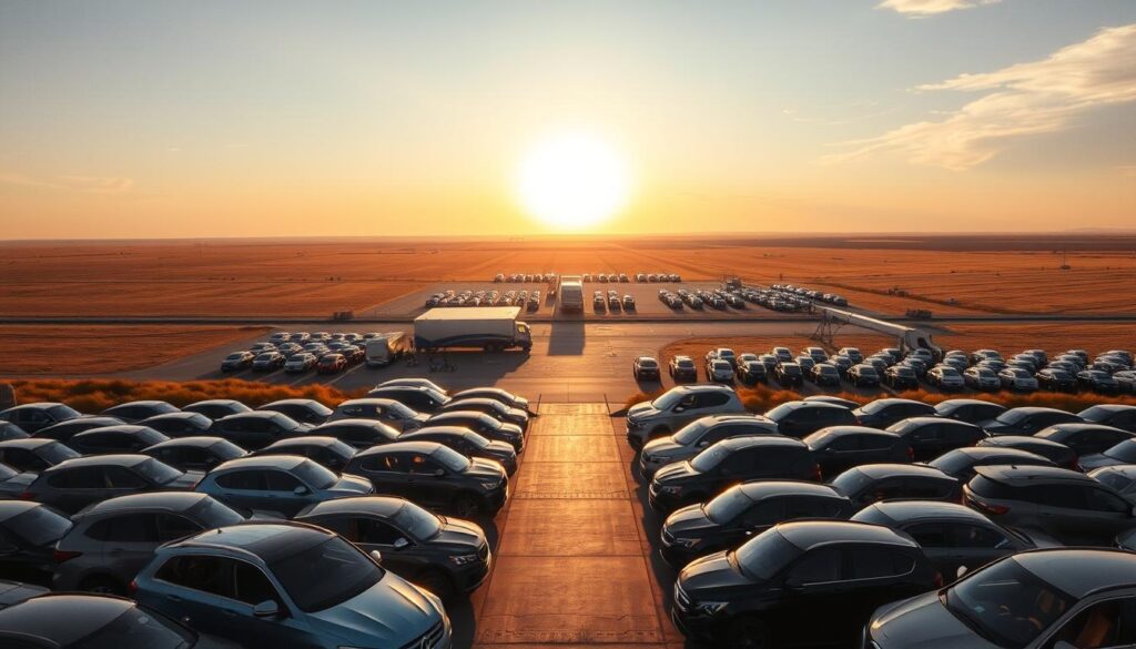 A sweeping vista of a grand prairie, where rows of gleaming cars await secure transport. In the foreground, a fleet of state-of-the-art car carriers stand ready, their polished chrome and sturdy frames exuding an air of reliability. The middle ground features a bustling logistics hub, with well-organized loading docks and efficient workflows ensuring on-time delivery. In the distance, the prairie stretches out, bathed in the warm glow of the setting sun, creating a serene and tranquil atmosphere. The overall scene conveys a sense of trust, professionalism, and unwavering commitment to excellence in auto transport services. A sweeping vista of a grand prairie, where rows of gleaming cars await secure transport. In the foreground, a fleet of state-of-the-art car carriers stand ready, their polished chrome and sturdy frames exuding an air of reliability. The middle ground features a bustling logistics hub, with well-organized loading docks and efficient workflows ensuring on-time delivery. In the distance, the prairie stretches out, bathed in the warm glow of the setting sun, creating a serene and tranquil atmosphere. The overall scene conveys a sense of trust, professionalism, and unwavering commitment to excellence in auto transport services.