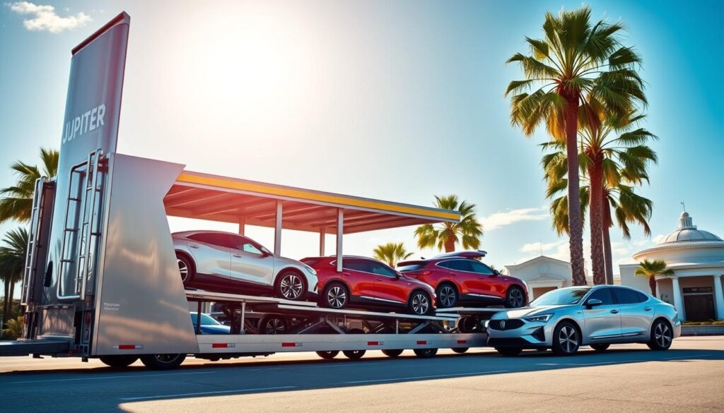 A towering, pristine Jupiter-branded car carrier stands in the foreground, its chrome-accented body gleaming under a warm afternoon sun. In the middle ground, a fleet of meticulously polished sedans and SUVs are loaded with the utmost care, their vibrant colors reflecting the tranquil blue sky above. The background features the iconic palm trees and coastal architecture of Jupiter, Florida, creating a serene, yet professional atmosphere befitting the reliable and experienced car shipping services on offer. A towering, pristine Jupiter-branded car carrier stands in the foreground, its chrome-accented body gleaming under a warm afternoon sun. In the middle ground, a fleet of meticulously polished sedans and SUVs are loaded with the utmost care, their vibrant colors reflecting the tranquil blue sky above. The background features the iconic palm trees and coastal architecture of Jupiter, Florida, creating a serene, yet professional atmosphere befitting the reliable and experienced car shipping services on offer.