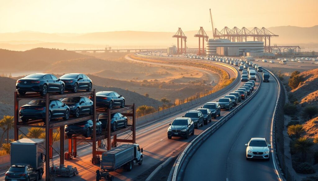A vast car shipping network stretches across the landscape, with a fleet of towering, chrome-plated car carriers transporting gleaming vehicles to their destinations. In the foreground, a state-of-the-art logistics hub bustles with activity, as workers meticulously load and unload the cars using cutting-edge equipment. The middle ground features a winding highway, dotted with scenic hills and trees, as the car carriers smoothly navigate the route. In the background, the skyline is dominated by a modern, well-lit transportation hub, with cranes and loading docks efficiently managing the flow of goods. The scene is bathed in a warm, golden glow, conveying a sense of efficiency, reliability, and professionalism that reflects the high-quality car shipping services offered by the Hidalgo company.