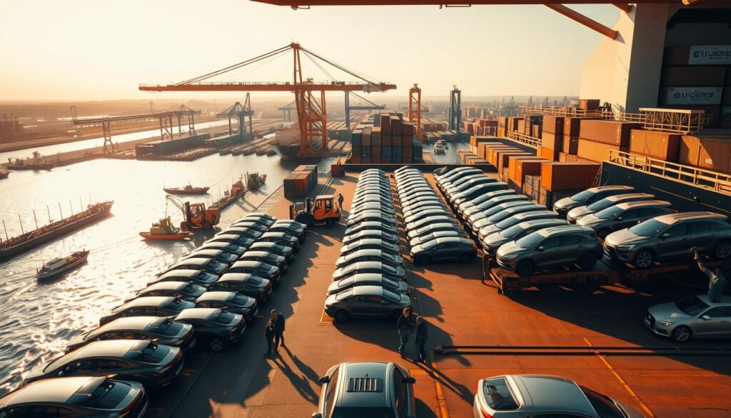 A vast container ship docked at a bustling port, its deck laden with rows of shiny automobiles ready for global distribution. In the foreground, a team of workers expertly guide the cars onto specialized loading platforms, their movements choreographed with precision. The scene is bathed in warm, golden sunlight, casting long shadows and highlighting the intricate interplay of shapes and textures. In the middle ground, cranes and forklifts move with purpose, orchestrating the efficient loading process. The background is a panorama of towering cargo containers, conveying the scale and importance of the car shipping industry. The overall atmosphere is one of organized chaos, where modern logistics and transportation intersect to facilitate the global flow of goods. A vast container ship docked at a bustling port, its deck laden with rows of shiny automobiles ready for global distribution. In the foreground, a team of workers expertly guide the cars onto specialized loading platforms, their movements choreographed with precision. The scene is bathed in warm, golden sunlight, casting long shadows and highlighting the intricate interplay of shapes and textures. In the middle ground, cranes and forklifts move with purpose, orchestrating the efficient loading process. The background is a panorama of towering cargo containers, conveying the scale and importance of the car shipping industry. The overall atmosphere is one of organized chaos, where modern logistics and transportation intersect to facilitate the global flow of goods.