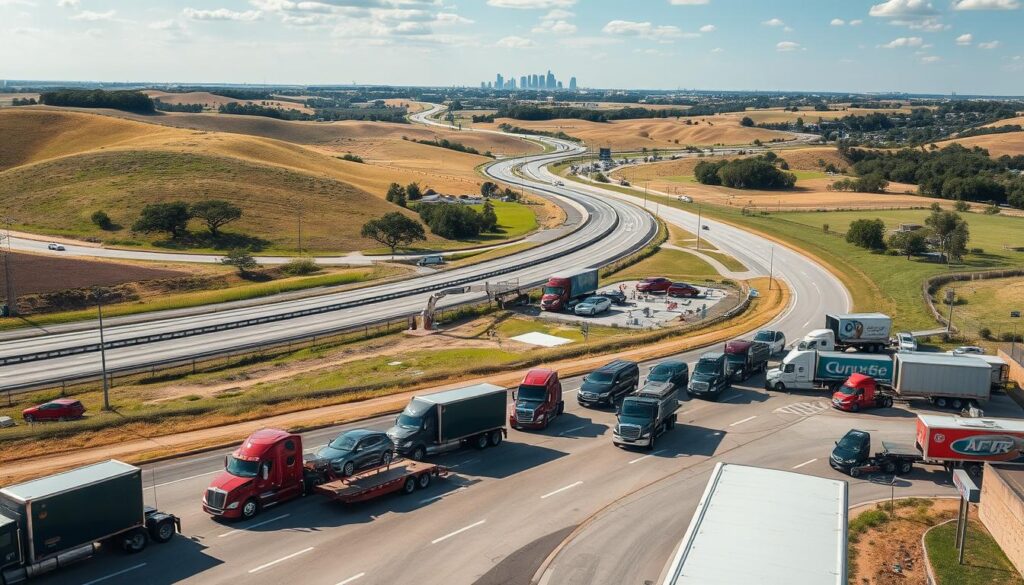 A vast expanse of highways and byways, winding through the rolling hills of Pflugerville, Texas. In the foreground, a fleet of car transport trucks, their beds loaded with shiny automobiles, ready to be delivered to their new owners. The midground is dotted with bustling service areas, with repair shops, fueling stations, and loading docks, all working in harmony to ensure a smooth and efficient auto transport experience. The background is framed by towering oak trees and the distant silhouettes of the city skyline, creating a picturesque scene that captures the essence of reliable car shipping in the greater Austin area. A vast expanse of highways and byways, winding through the rolling hills of Pflugerville, Texas. In the foreground, a fleet of car transport trucks, their beds loaded with shiny automobiles, ready to be delivered to their new owners. The midground is dotted with bustling service areas, with repair shops, fueling stations, and loading docks, all working in harmony to ensure a smooth and efficient auto transport experience. The background is framed by towering oak trees and the distant silhouettes of the city skyline, creating a picturesque scene that captures the essence of reliable car shipping in the greater Austin area.