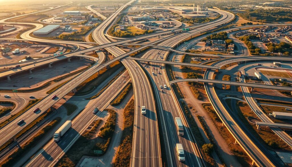 A vast network of well-traveled car shipping routes, stretching across the nation and Texas, with major highways and interstate connections converging on the bustling city of The Colony and the wider DFW metroplex. A wide-angle aerial view reveals a tapestry of interconnected routes, with various modes of transportation - from semi-trucks to specialized car carriers - traversing the landscape. The scene is bathed in warm, golden afternoon light, casting long shadows and creating a sense of movement and energy. The composition balances the grand, sweeping vistas with carefully placed details, such as exit signs, mile markers, and the occasional glimpse of a car or truck making its way along the routes.