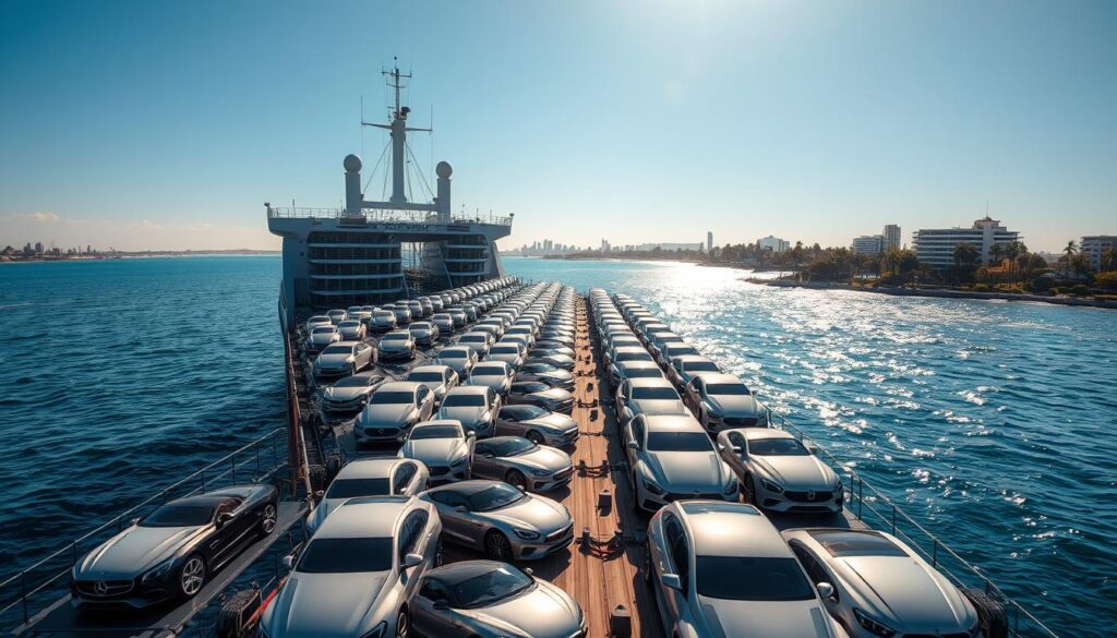 A vast open-air car carrier ship, its towering deck filled with row upon row of gleaming automobiles, gently sways on the calm azure waters. Sunlight dances across the pristine vehicle bodies, casting dynamic shadows that accentuate their sleek profiles. In the distance, the shoreline of a bustling coastal city rises, its modern high-rises and lush palm trees framing the serene scene. The overall atmosphere exudes a sense of efficiency, reliability, and the seamless transport of valuable cargo - a testament to the trusted auto transport services of Sunrise. A vast open-air car carrier ship, its towering deck filled with row upon row of gleaming automobiles, gently sways on the calm azure waters. Sunlight dances across the pristine vehicle bodies, casting dynamic shadows that accentuate their sleek profiles. In the distance, the shoreline of a bustling coastal city rises, its modern high-rises and lush palm trees framing the serene scene. The overall atmosphere exudes a sense of efficiency, reliability, and the seamless transport of valuable cargo - a testament to the trusted auto transport services of Sunrise.
