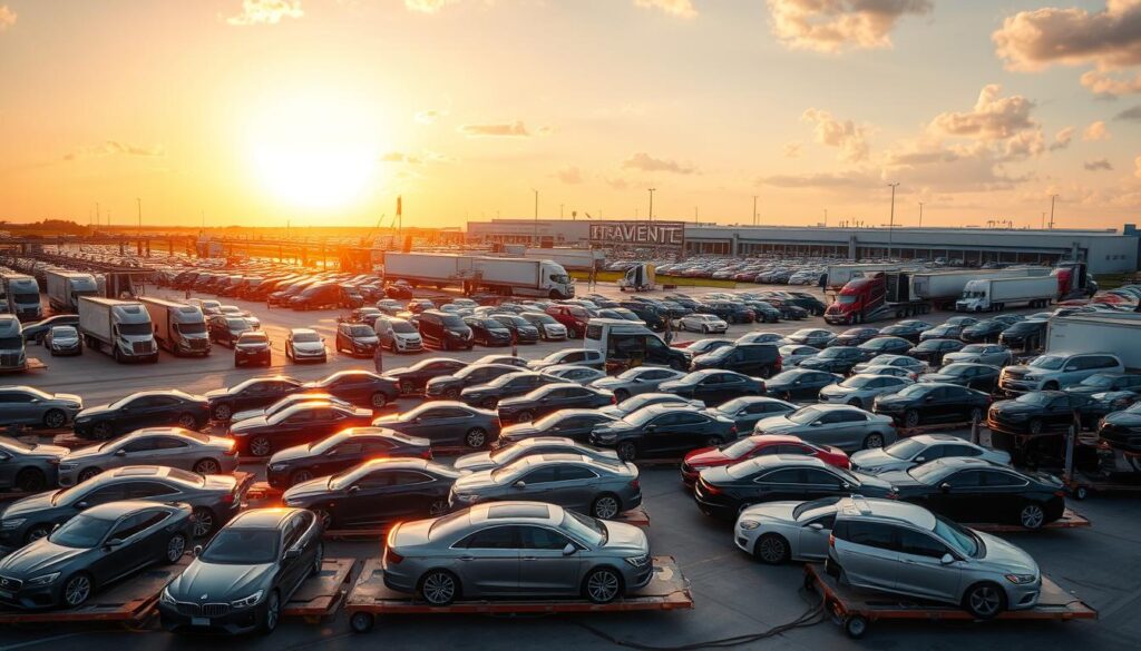 A vast, sprawling car transportation hub in Clearwater, Florida. In the foreground, a fleet of gleaming car carriers are carefully loading and unloading a diverse array of vehicles, from sleek sports cars to rugged SUVs. The middle ground features a bustling logistics operation, with workers efficiently coordinating the smooth flow of cargo. In the background, the sun casts a warm, golden glow over the scene, illuminating the modern, state-of-the-art facilities that enable the seamless transport of automobiles across the region. The composition emphasizes the scale, efficiency, and professionalism of this vital auto transport operation serving the Clearwater community. A vast, sprawling car transportation hub in Clearwater, Florida. In the foreground, a fleet of gleaming car carriers are carefully loading and unloading a diverse array of vehicles, from sleek sports cars to rugged SUVs. The middle ground features a bustling logistics operation, with workers efficiently coordinating the smooth flow of cargo. In the background, the sun casts a warm, golden glow over the scene, illuminating the modern, state-of-the-art facilities that enable the seamless transport of automobiles across the region. The composition emphasizes the scale, efficiency, and professionalism of this vital auto transport operation serving the Clearwater community.