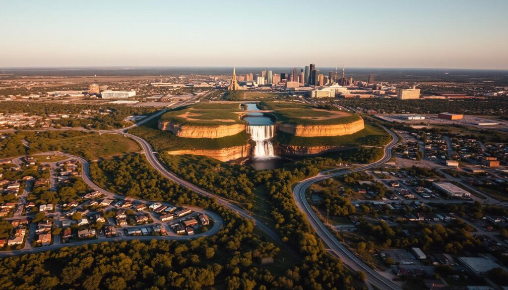 A vibrant aerial view of Wichita Falls, Texas, showcasing the city's sprawling landscape. In the foreground, a patchwork of residential neighborhoods and commercial districts, with winding roads and lush greenery. The middle ground features the distinctive silhouette of the Wichita Falls, a natural wonder cascading over limestone bluffs. In the background, the skyline is dotted with the iconic architecture of the city, including the striking spires of local landmarks. The scene is bathed in warm, golden sunlight, creating a sense of depth and atmosphere. The overall impression is one of a thriving, well-connected community, ready to welcome visitors and residents alike. A vibrant aerial view of Wichita Falls, Texas, showcasing the city's sprawling landscape. In the foreground, a patchwork of residential neighborhoods and commercial districts, with winding roads and lush greenery. The middle ground features the distinctive silhouette of the Wichita Falls, a natural wonder cascading over limestone bluffs. In the background, the skyline is dotted with the iconic architecture of the city, including the striking spires of local landmarks. The scene is bathed in warm, golden sunlight, creating a sense of depth and atmosphere. The overall impression is one of a thriving, well-connected community, ready to welcome visitors and residents alike.