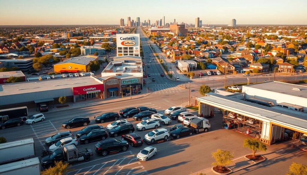 A vibrant cityscape of Allen, TX, with a prominent auto transport facility in the foreground. The facility features a fleet of modern car carriers loading and unloading vehicles, surrounded by well-maintained lot and a clean, professional atmosphere. In the middle ground, the streets of Allen are lined with businesses catering to the automotive industry, while the background showcases the city's skyline and residential neighborhoods bathed in warm, golden light from the setting sun. The scene conveys a sense of efficient, reliable car shipping operations seamlessly integrated into the thriving community of Allen. A vibrant cityscape of Allen, TX, with a prominent auto transport facility in the foreground. The facility features a fleet of modern car carriers loading and unloading vehicles, surrounded by well-maintained lot and a clean, professional atmosphere. In the middle ground, the streets of Allen are lined with businesses catering to the automotive industry, while the background showcases the city's skyline and residential neighborhoods bathed in warm, golden light from the setting sun. The scene conveys a sense of efficient, reliable car shipping operations seamlessly integrated into the thriving community of Allen.