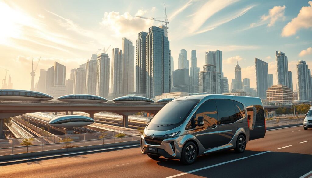 A vibrant futuristic cityscape, showcasing the evolution of auto transport and car shipping in The Colony. In the foreground, a sleek, autonomous delivery vehicle navigates the bustling streets, transporting a gleaming, premium vehicle. The middle ground features a network of elevated transit rails, with self-driving cargo pods gliding swiftly between distribution hubs. The background is dominated by a striking skyline of towering, eco-friendly skyscrapers, their facades adorned with innovative solar panels. Diffused natural light filters through wispy clouds, casting a warm, optimistic glow over the scene. The overall atmosphere conveys a sense of technological advancement, efficient logistics, and sustainable urban development, reflecting the future of The Colony's auto transport and car shipping industry.