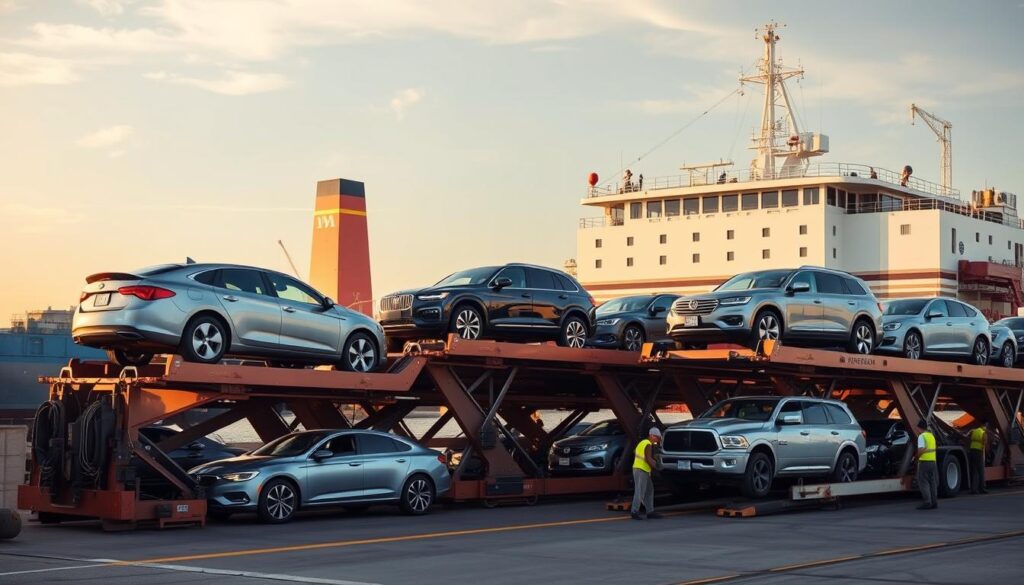 A vibrant seaport scene with a large cargo ship in the background, its hull gleaming in the afternoon sun. In the foreground, several car carriers are carefully loading sedans, SUVs, and pickup trucks onto their decks, their specialized hydraulic ramps and tie-down systems securing the vehicles for safe transport. The dockworkers move with practiced efficiency, guiding the cars into place. The overall atmosphere conveys a sense of professionalism and reliability, reflecting the trusted car shipping services offered in Seagoville. A vibrant seaport scene with a large cargo ship in the background, its hull gleaming in the afternoon sun. In the foreground, several car carriers are carefully loading sedans, SUVs, and pickup trucks onto their decks, their specialized hydraulic ramps and tie-down systems securing the vehicles for safe transport. The dockworkers move with practiced efficiency, guiding the cars into place. The overall atmosphere conveys a sense of professionalism and reliability, reflecting the trusted car shipping services offered in Seagoville.