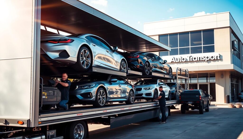 A vibrant, sun-dappled scene of a bustling McKinney auto transport facility. In the foreground, a sleek car carrier truck carefully loads a gleaming luxury sedan, its driver meticulously securing the vehicle. In the middle ground, a team of uniformed workers skillfully maneuver other cars onto the truck's multiple levels, their coordinated movements reflecting the precision of their craft. The background is framed by the modern façade of the transport company's offices, its signage prominently displayed. The overall atmosphere conveys a sense of professionalism, efficiency, and the reliable service at the heart of McKinney's auto transport industry. A vibrant, sun-dappled scene of a bustling McKinney auto transport facility. In the foreground, a sleek car carrier truck carefully loads a gleaming luxury sedan, its driver meticulously securing the vehicle. In the middle ground, a team of uniformed workers skillfully maneuver other cars onto the truck's multiple levels, their coordinated movements reflecting the precision of their craft. The background is framed by the modern façade of the transport company's offices, its signage prominently displayed. The overall atmosphere conveys a sense of professionalism, efficiency, and the reliable service at the heart of McKinney's auto transport industry.