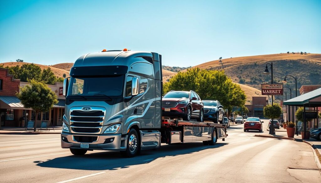 A vibrant, well-lit scene of a modern auto transport truck carrying several shiny, late-model vehicles on the streets of the charming town of Little Elm. The truck is prominently featured in the foreground, its glossy silver exterior gleaming under the warm afternoon sun. In the middle ground, quaint storefronts and lush trees line the clean, well-maintained streets, creating a picturesque small-town atmosphere. The background features rolling hills and a clear blue sky, lending a serene, tranquil feel to the overall composition. The scene conveys a sense of reliable, trustworthy auto transport services seamlessly integrated into the thriving community of Little Elm. A vibrant, well-lit scene of a modern auto transport truck carrying several shiny, late-model vehicles on the streets of the charming town of Little Elm. The truck is prominently featured in the foreground, its glossy silver exterior gleaming under the warm afternoon sun. In the middle ground, quaint storefronts and lush trees line the clean, well-maintained streets, creating a picturesque small-town atmosphere. The background features rolling hills and a clear blue sky, lending a serene, tranquil feel to the overall composition. The scene conveys a sense of reliable, trustworthy auto transport services seamlessly integrated into the thriving community of Little Elm.