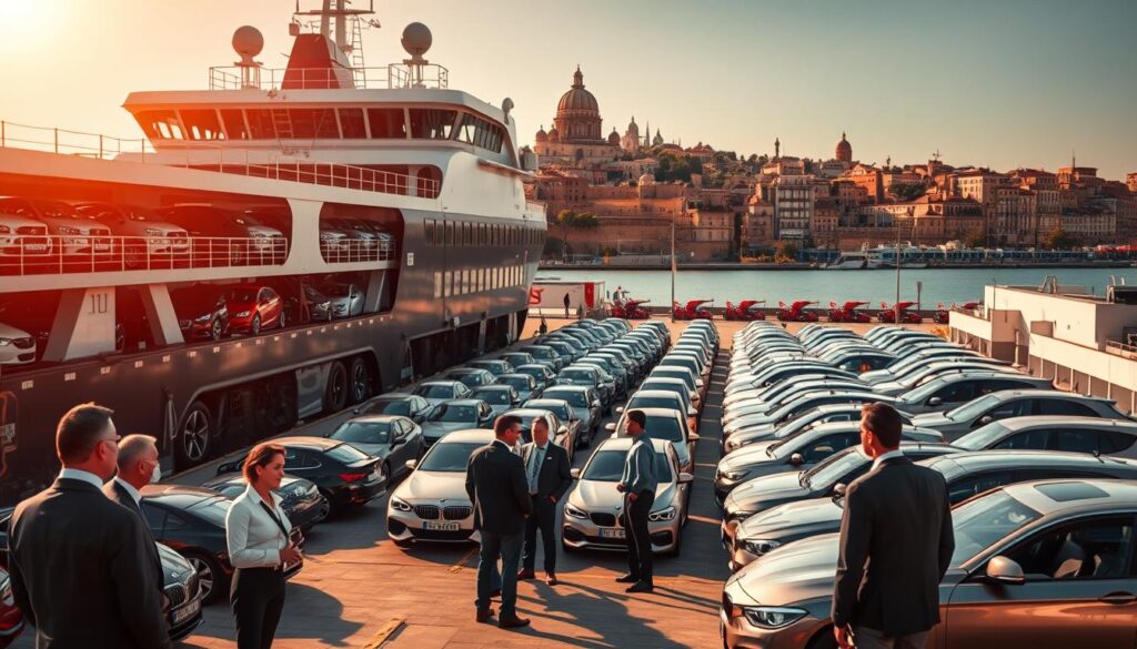 A well-appointed car carrier ship docked at the bustling port of Roma, its cargo holds brimming with a diverse fleet of automobiles. The warm Mediterranean sun casts a soft, golden glow over the scene, accentuating the gleaming chrome and polished paint of the vehicles. In the foreground, a group of professional car shipping agents converse with clients, discussing the logistics of their trusted door-to-door delivery service. The middle ground reveals rows of neatly organized cars, each secured for the journey ahead. In the background, the iconic skyline of Roma's historic city center rises, a testament to the city's rich cultural heritage. The overall atmosphere conveys a sense of efficiency, reliability, and attention to detail, reflecting the high-quality car shipping services available to transport vehicles to this vibrant destination. A well-appointed car carrier ship docked at the bustling port of Roma, its cargo holds brimming with a diverse fleet of automobiles. The warm Mediterranean sun casts a soft, golden glow over the scene, accentuating the gleaming chrome and polished paint of the vehicles. In the foreground, a group of professional car shipping agents converse with clients, discussing the logistics of their trusted door-to-door delivery service. The middle ground reveals rows of neatly organized cars, each secured for the journey ahead. In the background, the iconic skyline of Roma's historic city center rises, a testament to the city's rich cultural heritage. The overall atmosphere conveys a sense of efficiency, reliability, and attention to detail, reflecting the high-quality car shipping services available to transport vehicles to this vibrant destination.
