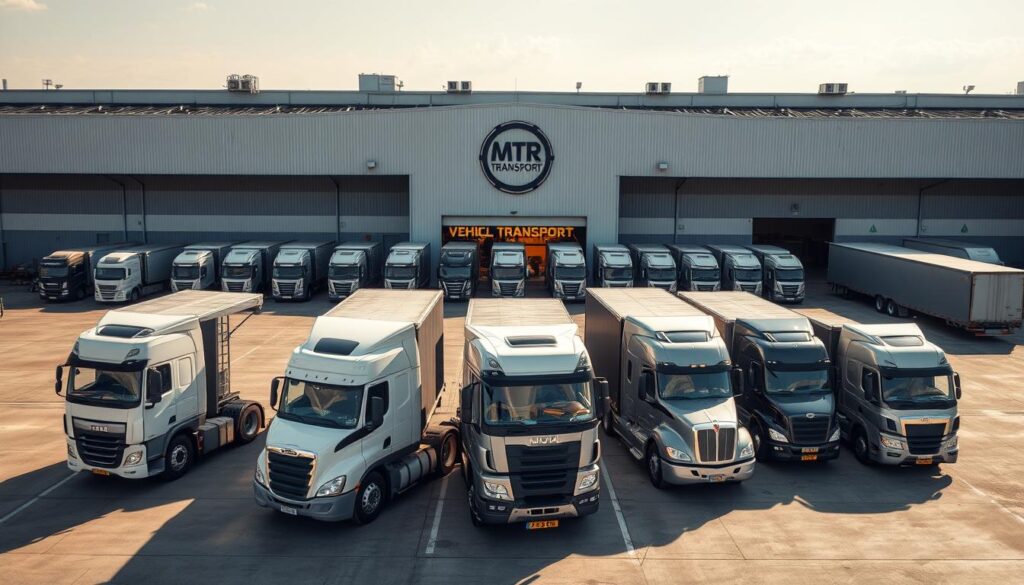 A well-equipped and professional vehicle transport company, situated in a modern industrial complex. In the foreground, a fleet of sturdy, well-maintained trucks and trailers, ready to safely deliver vehicles across the region. In the middle ground, the company's logo prominently displayed on the building's facade, conveying a sense of reliability and expertise. The background features a vast open space, with ample room for maneuvering and loading, all bathed in warm, natural lighting that casts a welcoming atmosphere. The scene exudes a feeling of efficiency, organization, and a commitment to providing top-quality auto transport services. A well-equipped and professional vehicle transport company, situated in a modern industrial complex. In the foreground, a fleet of sturdy, well-maintained trucks and trailers, ready to safely deliver vehicles across the region. In the middle ground, the company's logo prominently displayed on the building's facade, conveying a sense of reliability and expertise. The background features a vast open space, with ample room for maneuvering and loading, all bathed in warm, natural lighting that casts a welcoming atmosphere. The scene exudes a feeling of efficiency, organization, and a commitment to providing top-quality auto transport services.