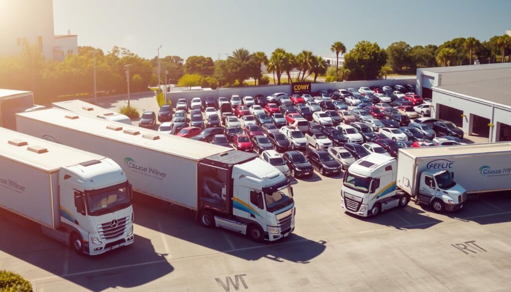 A well-equipped auto transport company facility situated in the sunny West Palm Beach area. In the foreground, several car carriers stand ready to transport vehicles with care and efficiency. The middle ground showcases a fleet of modern, well-maintained trucks with the company's logo prominently displayed. In the background, a neatly organized storage yard holds a diverse assortment of vehicles awaiting shipment. Bright natural lighting bathes the scene, creating a sense of professionalism and reliability. The overall atmosphere conveys a trustworthy, customer-focused auto transport service dedicated to providing exceptional care for every vehicle. A well-equipped auto transport company facility situated in the sunny West Palm Beach area. In the foreground, several car carriers stand ready to transport vehicles with care and efficiency. The middle ground showcases a fleet of modern, well-maintained trucks with the company's logo prominently displayed. In the background, a neatly organized storage yard holds a diverse assortment of vehicles awaiting shipment. Bright natural lighting bathes the scene, creating a sense of professionalism and reliability. The overall atmosphere conveys a trustworthy, customer-focused auto transport service dedicated to providing exceptional care for every vehicle.