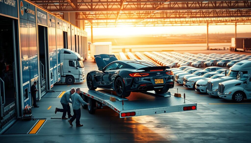 A well-equipped auto transport facility with modern loading docks and gleaming car carriers awaits. In the foreground, a team of experienced handlers carefully secures a prized sports car onto the trailer, using specialized equipment. The middle ground showcases a fleet of reliable shipping trucks, their exteriors emblazoned with the company's trusted branding. In the background, a sprawling lot hosts rows of meticulously maintained vehicles, ready for their journeys to new owners. Warm, directional lighting casts a professional, reassuring atmosphere, reflecting the company's commitment to safe, efficient car shipping services tailored for Big Spring drivers. A well-equipped auto transport facility with modern loading docks and gleaming car carriers awaits. In the foreground, a team of experienced handlers carefully secures a prized sports car onto the trailer, using specialized equipment. The middle ground showcases a fleet of reliable shipping trucks, their exteriors emblazoned with the company's trusted branding. In the background, a sprawling lot hosts rows of meticulously maintained vehicles, ready for their journeys to new owners. Warm, directional lighting casts a professional, reassuring atmosphere, reflecting the company's commitment to safe, efficient car shipping services tailored for Big Spring drivers.