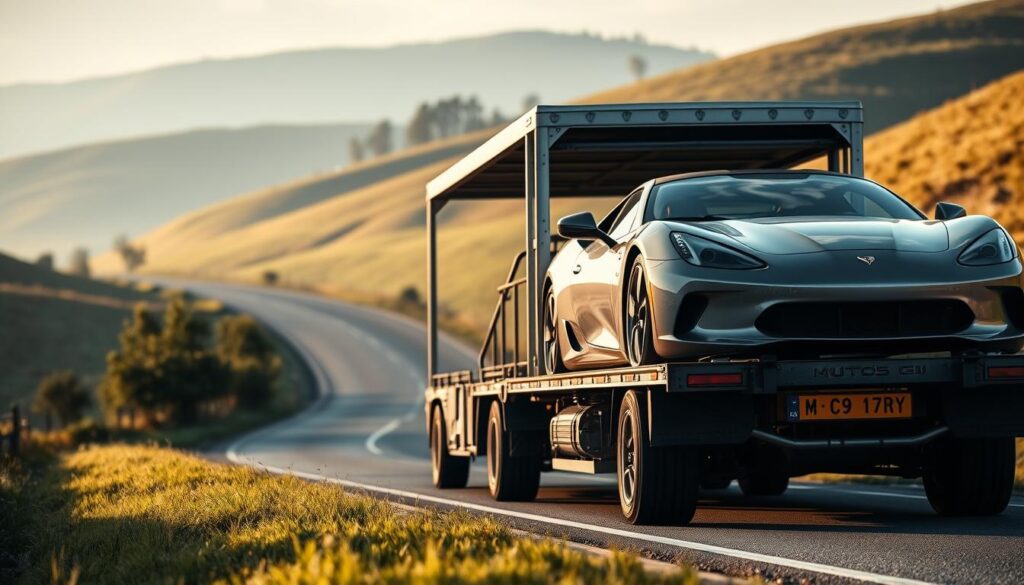 A well-equipped auto transport truck navigates a winding country road, its sturdy frame and tires ready to securely deliver vehicles to their destination. In the foreground, a freshly polished sports car sits atop the transport, its gleaming exterior reflecting the sun's rays. Surrounding the scene, rolling hills and lush greenery create a tranquil, pastoral atmosphere, conveying a sense of trustworthiness and care. The image is captured with a wide-angle lens, emphasizing the truck's imposing presence and the serene countryside setting. Soft, diffused lighting casts gentle shadows, adding depth and a sense of reliability to the scene. A well-equipped auto transport truck navigates a winding country road, its sturdy frame and tires ready to securely deliver vehicles to their destination. In the foreground, a freshly polished sports car sits atop the transport, its gleaming exterior reflecting the sun's rays. Surrounding the scene, rolling hills and lush greenery create a tranquil, pastoral atmosphere, conveying a sense of trustworthiness and care. The image is captured with a wide-angle lens, emphasizing the truck's imposing presence and the serene countryside setting. Soft, diffused lighting casts gentle shadows, adding depth and a sense of reliability to the scene.