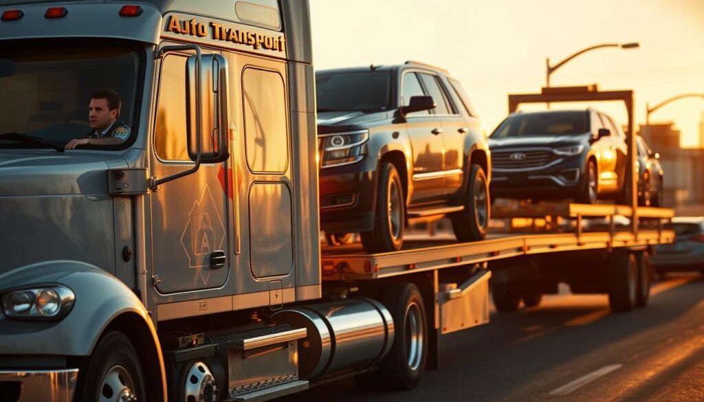 A well-equipped auto transport truck navigates the bustling streets of Pampa, TX, its trailer securely loaded with gleaming vehicles. The scene is bathed in warm, golden afternoon light, casting long shadows that convey a sense of reliability and professionalism. In the foreground, the truck's driver, clad in a crisp uniform, carefully inspects the loading process, ensuring the utmost care and attention to detail. The middle ground features the company's logo prominently displayed on the side of the truck, instilling confidence in its services. The background is filled with the familiar landmarks of Pampa, hinting at the local expertise and community connection of this reliable auto transport provider. A well-equipped auto transport truck navigates the bustling streets of Pampa, TX, its trailer securely loaded with gleaming vehicles. The scene is bathed in warm, golden afternoon light, casting long shadows that convey a sense of reliability and professionalism. In the foreground, the truck's driver, clad in a crisp uniform, carefully inspects the loading process, ensuring the utmost care and attention to detail. The middle ground features the company's logo prominently displayed on the side of the truck, instilling confidence in its services. The background is filled with the familiar landmarks of Pampa, hinting at the local expertise and community connection of this reliable auto transport provider.
