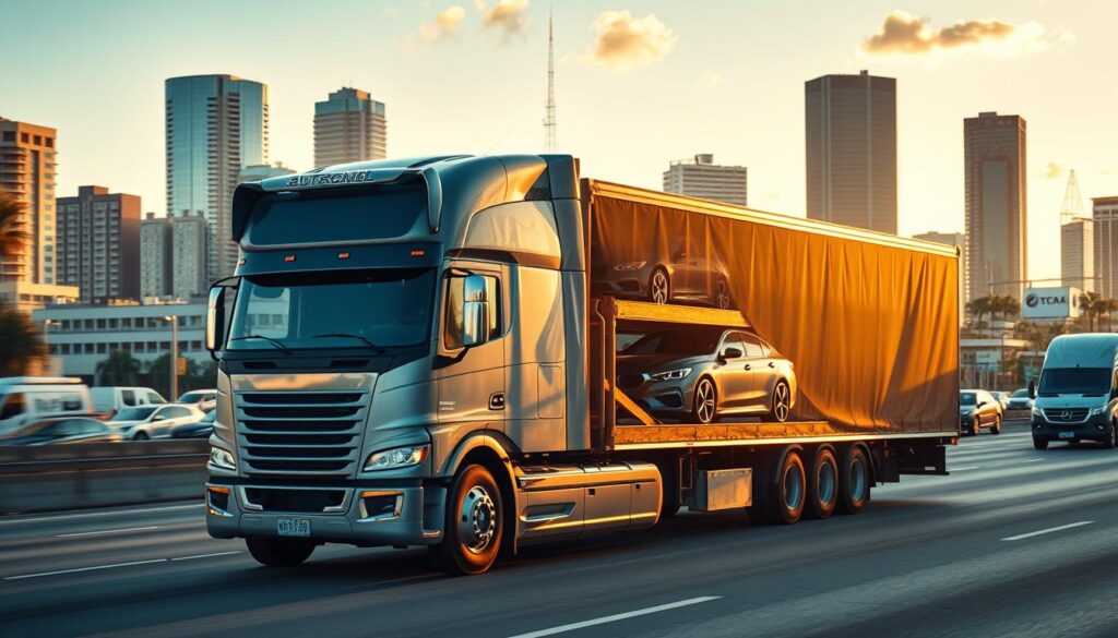 A well-equipped automotive transport truck navigating the bustling streets of Tampa, its cargo bay securely loaded with a range of vehicles. The scene is bathed in warm, golden sunlight, casting long shadows and highlighting the truck's sleek, modern design. In the background, the skyline of Tampa's urban landscape provides a dynamic, metropolitan backdrop, conveying a sense of efficiency and professionalism in the auto transport industry. The composition emphasizes the reliable and trustworthy nature of the service, with the truck serving as the focal point, surrounded by the vibrant activity of the city. A well-equipped automotive transport truck navigating the bustling streets of Tampa, its cargo bay securely loaded with a range of vehicles. The scene is bathed in warm, golden sunlight, casting long shadows and highlighting the truck's sleek, modern design. In the background, the skyline of Tampa's urban landscape provides a dynamic, metropolitan backdrop, conveying a sense of efficiency and professionalism in the auto transport industry. The composition emphasizes the reliable and trustworthy nature of the service, with the truck serving as the focal point, surrounded by the vibrant activity of the city.