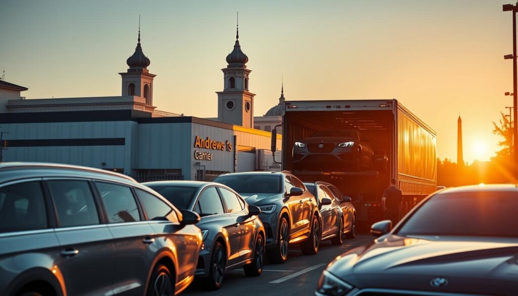 A well-lit, cinematic view of a professional car shipping operation in the heart of Andrews. In the foreground, a fleet of gleaming, late-model vehicles awaits secure loading onto a specialized car carrier truck. Skilled technicians meticulously inspect and secure each car, ensuring safe transport. In the middle ground, the carrier's modern, climate-controlled facility stands tall, with sleek signage and a bustling atmosphere. The background features the distinct architectural landmarks of Andrews, bathed in warm, golden afternoon light, creating a sense of local pride and reliability. The overall scene conveys the trusted, high-quality auto transport services tailored to the needs of the Andrews community. A well-lit, cinematic view of a professional car shipping operation in the heart of Andrews. In the foreground, a fleet of gleaming, late-model vehicles awaits secure loading onto a specialized car carrier truck. Skilled technicians meticulously inspect and secure each car, ensuring safe transport. In the middle ground, the carrier's modern, climate-controlled facility stands tall, with sleek signage and a bustling atmosphere. The background features the distinct architectural landmarks of Andrews, bathed in warm, golden afternoon light, creating a sense of local pride and reliability. The overall scene conveys the trusted, high-quality auto transport services tailored to the needs of the Andrews community.