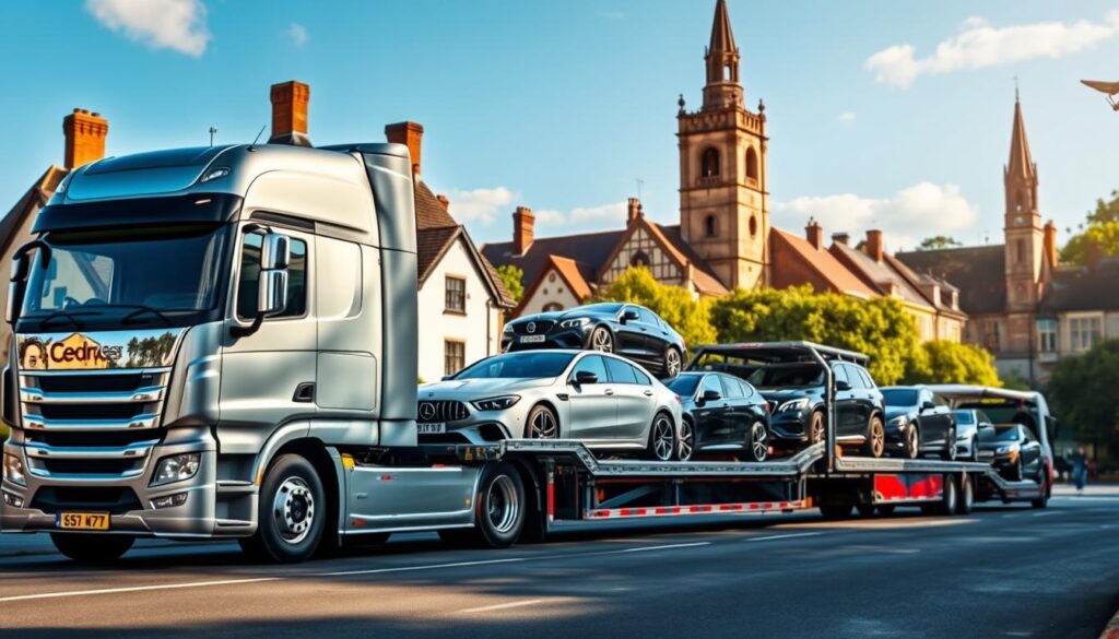 A well-lit, contemporary auto transport truck prominently displayed in the foreground, its pristine exterior and gleaming chrome accents reflecting the sunlight. In the middle ground, a fleet of diverse vehicles securely loaded onto the transport, conveying the breadth of services offered. The background features the quaint, historic architecture of Hereford, with its iconic landmarks and lush, verdant surroundings, creating a harmonious blend of urban and rural elements. The scene evokes a sense of professionalism, reliability, and local expertise in the art of auto transport and car shipping. A well-lit, contemporary auto transport truck prominently displayed in the foreground, its pristine exterior and gleaming chrome accents reflecting the sunlight. In the middle ground, a fleet of diverse vehicles securely loaded onto the transport, conveying the breadth of services offered. The background features the quaint, historic architecture of Hereford, with its iconic landmarks and lush, verdant surroundings, creating a harmonious blend of urban and rural elements. The scene evokes a sense of professionalism, reliability, and local expertise in the art of auto transport and car shipping.