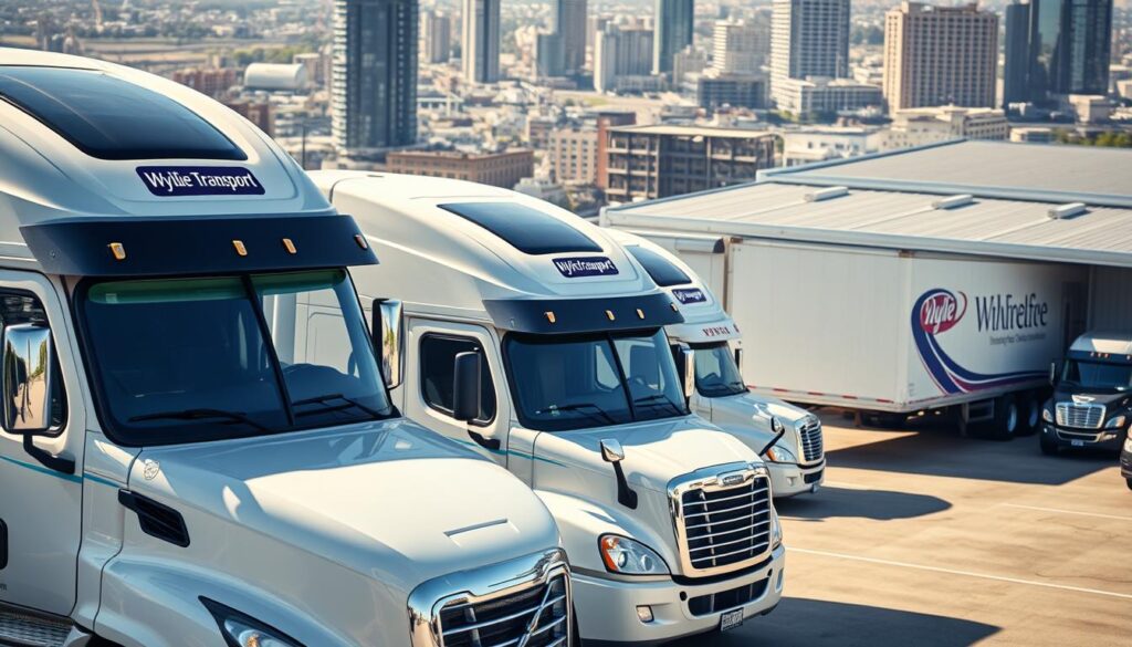 A well-lit, detailed exterior shot of a prominent Wylie auto transport company's fleet of modern, well-maintained transport trucks against a backdrop of a bustling urban landscape. The trucks feature the company's prominent branding and logo, conveying a sense of professionalism and reliability. The scene is captured from a slightly elevated angle, providing a clear view of the vehicles and the company's facility. The lighting is crisp and natural, highlighting the gleaming surfaces of the trucks. The overall atmosphere is one of efficiency, trust, and commitment to customer service. A well-lit, detailed exterior shot of a prominent Wylie auto transport company's fleet of modern, well-maintained transport trucks against a backdrop of a bustling urban landscape. The trucks feature the company's prominent branding and logo, conveying a sense of professionalism and reliability. The scene is captured from a slightly elevated angle, providing a clear view of the vehicles and the company's facility. The lighting is crisp and natural, highlighting the gleaming surfaces of the trucks. The overall atmosphere is one of efficiency, trust, and commitment to customer service.
