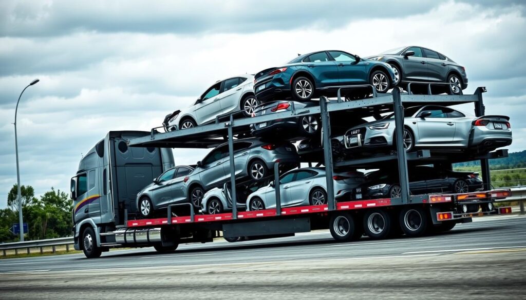 A well-lit, detailed exterior view of a multi-car auto transport truck on a highway, with an overcast sky in the background. The truck is carrying several automobiles of various makes and models, securely strapped and stacked on its flatbed. The scene conveys a sense of efficiency and professionalism in the transport industry, capturing the essence of expert auto transport and car shipping services in Temple. The composition emphasizes the size and scale of the vehicle, highlighting its role in the seamless movement of vehicles across the region. A well-lit, detailed exterior view of a multi-car auto transport truck on a highway, with an overcast sky in the background. The truck is carrying several automobiles of various makes and models, securely strapped and stacked on its flatbed. The scene conveys a sense of efficiency and professionalism in the transport industry, capturing the essence of expert auto transport and car shipping services in Temple. The composition emphasizes the size and scale of the vehicle, highlighting its role in the seamless movement of vehicles across the region.