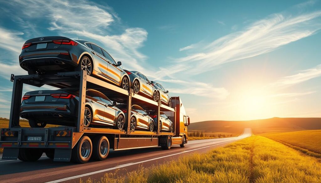 A well-lit, detailed rendering of a car transport truck carrying multiple vehicles on a rural highway in Forney, Texas. The truck has a sleek, modern design and is painted in a glossy metallic color. In the foreground, the car transport's hydraulic ramps are visible, and various makes and models of cars are securely loaded onto the upper and lower decks. The middle ground features rolling hills, lush green vegetation, and a clear blue sky with wispy clouds. The scene is bathed in warm, golden sunlight, creating a sense of tranquility and efficiency. The camera angle is slightly elevated, providing a dynamic, eye-level perspective that showcases the scale and precision of the car transport operation. A well-lit, detailed rendering of a car transport truck carrying multiple vehicles on a rural highway in Forney, Texas. The truck has a sleek, modern design and is painted in a glossy metallic color. In the foreground, the car transport's hydraulic ramps are visible, and various makes and models of cars are securely loaded onto the upper and lower decks. The middle ground features rolling hills, lush green vegetation, and a clear blue sky with wispy clouds. The scene is bathed in warm, golden sunlight, creating a sense of tranquility and efficiency. The camera angle is slightly elevated, providing a dynamic, eye-level perspective that showcases the scale and precision of the car transport operation.
