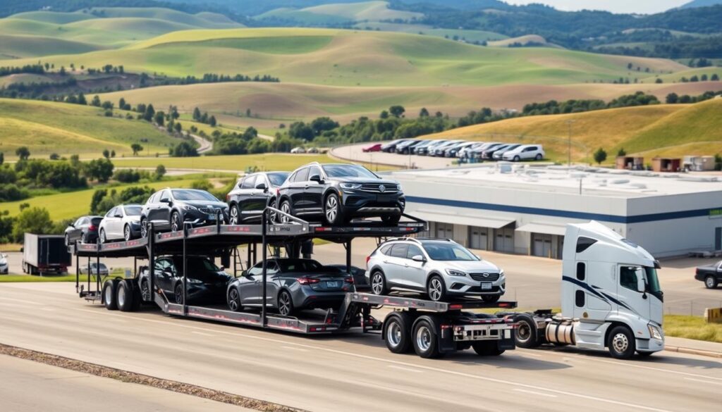 A well-lit, detailed scene of a modern vehicle transport service in Weatherford. In the foreground, a large car carrier truck with a sleek, aerodynamic design is loaded with a variety of vehicles, including sedans, SUVs, and pickups, all securely fastened and protected. The middle ground features the company's depot, a spacious and organized facility with ample parking and loading docks. In the background, the rolling hills and lush greenery of the Weatherford landscape provide a scenic backdrop, conveying a sense of tranquility and reliability. The overall composition evokes a professional, trustworthy, and efficient vehicle transport service, ready to deliver cars and trucks with the utmost care and attention. A well-lit, detailed scene of a modern vehicle transport service in Weatherford. In the foreground, a large car carrier truck with a sleek, aerodynamic design is loaded with a variety of vehicles, including sedans, SUVs, and pickups, all securely fastened and protected. The middle ground features the company's depot, a spacious and organized facility with ample parking and loading docks. In the background, the rolling hills and lush greenery of the Weatherford landscape provide a scenic backdrop, conveying a sense of tranquility and reliability. The overall composition evokes a professional, trustworthy, and efficient vehicle transport service, ready to deliver cars and trucks with the utmost care and attention.