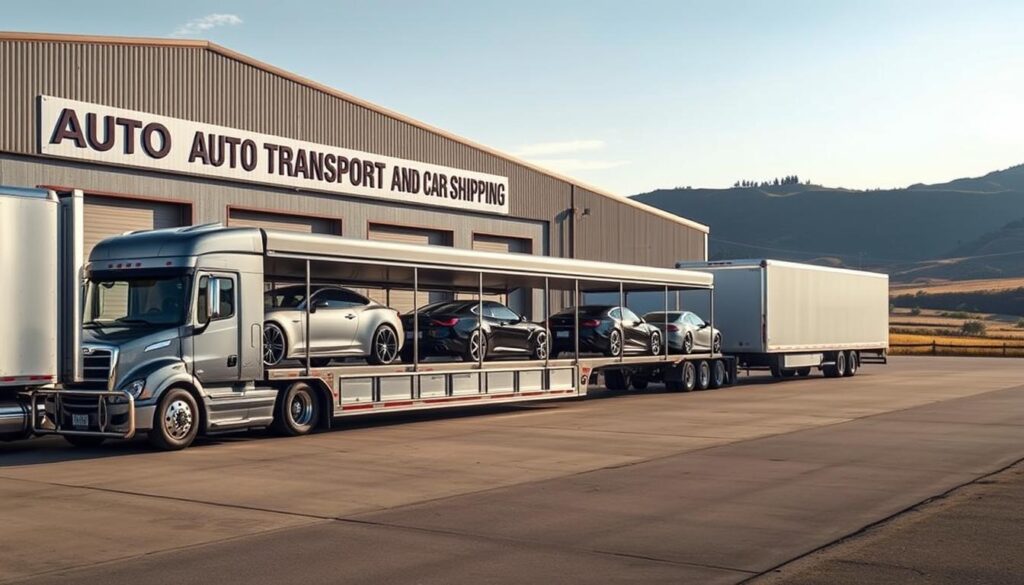 A well-lit, detailed scene of an auto transport service facility in Snyder. In the foreground, a large semi-truck with an enclosed car carrier trailer is positioned, showcasing the company's primary service. The trailer is loaded with several high-end vehicles, each securely strapped in place. The middle ground features the transport facility's building, a modern structure with large garage doors and signage highlighting the "Auto Transport and Car Shipping" services. The background includes a picturesque landscape of rolling hills and a clear sky, creating a serene, professional atmosphere. The lighting is soft and natural, accentuating the sleek design of the vehicles and the facility. The overall composition conveys a sense of reliability, efficiency, and a focus on providing tailored transportation solutions for Snyder's automotive needs. A well-lit, detailed scene of an auto transport service facility in Snyder. In the foreground, a large semi-truck with an enclosed car carrier trailer is positioned, showcasing the company's primary service. The trailer is loaded with several high-end vehicles, each securely strapped in place. The middle ground features the transport facility's building, a modern structure with large garage doors and signage highlighting the "Auto Transport and Car Shipping" services. The background includes a picturesque landscape of rolling hills and a clear sky, creating a serene, professional atmosphere. The lighting is soft and natural, accentuating the sleek design of the vehicles and the facility. The overall composition conveys a sense of reliability, efficiency, and a focus on providing tailored transportation solutions for Snyder's automotive needs.