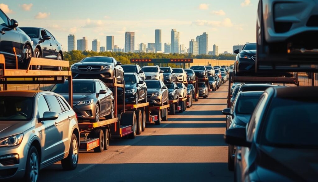 A well-lit, detailed shot of a fleet of car carriers transporting various makes and models of vehicles, with the Ocala skyline visible in the background. The scene has a sense of efficiency and reliability, with the car carriers neatly arranged and the drivers working diligently. The lighting is warm and natural, creating a welcoming atmosphere. The image should convey the professionalism and dependability of the Ocala auto transport services, making it the perfect visual accompaniment to the article section on "Reliable Auto Transport and Car Shipping in Ocala". A well-lit, detailed shot of a fleet of car carriers transporting various makes and models of vehicles, with the Ocala skyline visible in the background. The scene has a sense of efficiency and reliability, with the car carriers neatly arranged and the drivers working diligently. The lighting is warm and natural, creating a welcoming atmosphere. The image should convey the professionalism and dependability of the Ocala auto transport services, making it the perfect visual accompaniment to the article section on "Reliable Auto Transport and Car Shipping in Ocala".