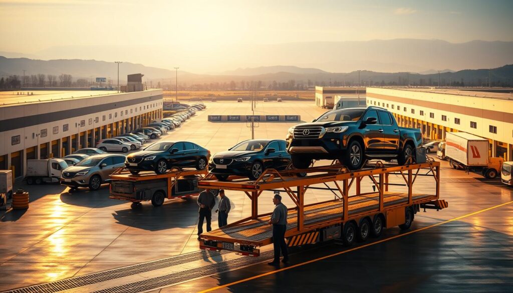A well-lit, expansive auto transport depot with a fleet of modern car carriers in the foreground. In the middle ground, a group of professional auto transport workers diligently loading vehicles onto the carriers. The background features a sprawling facility with multiple loading bays, signage, and a clear view of the open road beyond, conveying efficiency and reliability. The scene is bathed in warm, golden lighting, creating a sense of professionalism and trustworthiness. The overall composition emphasizes the expertise, speed, and attention to detail that defines the auto transport services on offer.