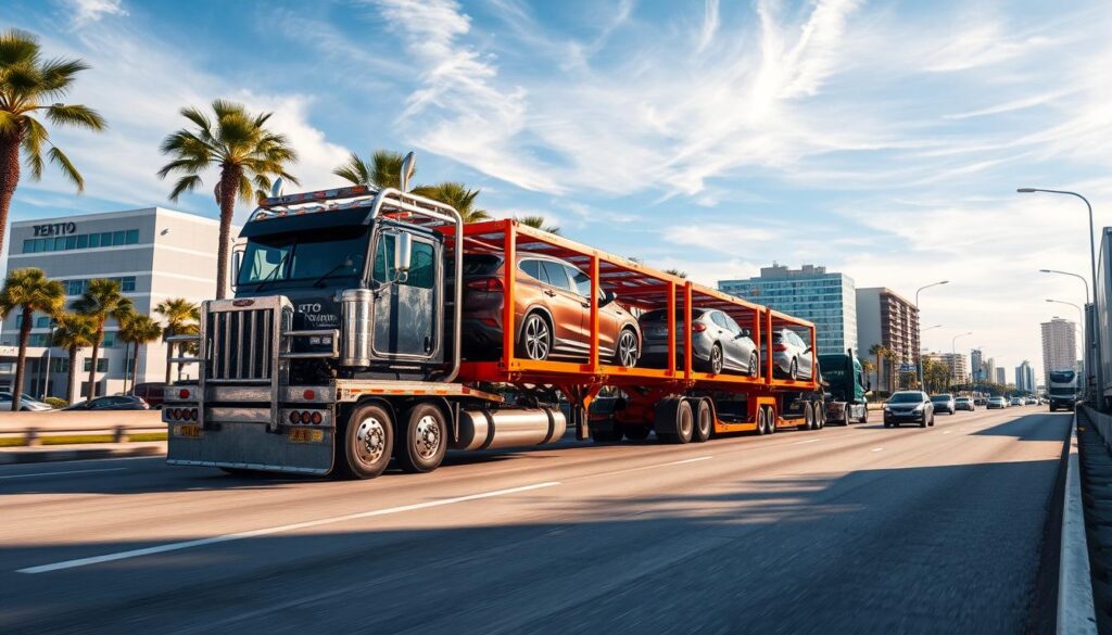 A well-lit, high-angle photograph of a large car carrier truck hauling multiple vehicles on the highway, passing through the urban landscape of Largo, Florida. The truck is in the foreground, its metal chassis and brightly colored container prominently displayed. In the middle ground, the bustling streets of Largo are visible, with palm trees, modern buildings, and other traffic. The background features a clear, blue sky with wispy clouds, conveying a sense of reliability, efficiency, and the trusted, insured nature of the auto transport service. The composition emphasizes the scale and professionalism of the car shipping operation, positioning it as a vital part of Largo's transportation infrastructure. A well-lit, high-angle photograph of a large car carrier truck hauling multiple vehicles on the highway, passing through the urban landscape of Largo, Florida. The truck is in the foreground, its metal chassis and brightly colored container prominently displayed. In the middle ground, the bustling streets of Largo are visible, with palm trees, modern buildings, and other traffic. The background features a clear, blue sky with wispy clouds, conveying a sense of reliability, efficiency, and the trusted, insured nature of the auto transport service. The composition emphasizes the scale and professionalism of the car shipping operation, positioning it as a vital part of Largo's transportation infrastructure.