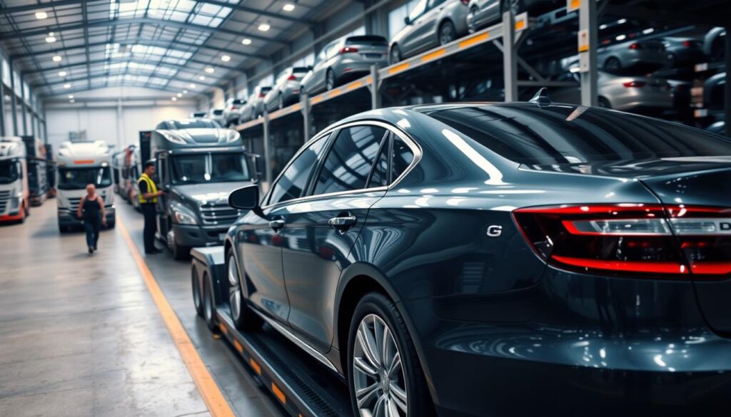 A well-lit, high-angle shot of a busy auto transport terminal in Stafford, with a fleet of specialized car carrier trucks loading and unloading vehicles. In the foreground, a sleek, freshly washed sedan is being carefully loaded onto a carrier, its chrome trim gleaming. In the middle ground, skilled operators guide the loading process using advanced equipment. The background features rows of stacked vehicles awaiting shipment, a testament to the terminal's efficiency and nationwide reach. The scene conveys a sense of professionalism, attention to detail, and the importance of reliable auto transport services in Stafford. A well-lit, high-angle shot of a busy auto transport terminal in Stafford, with a fleet of specialized car carrier trucks loading and unloading vehicles. In the foreground, a sleek, freshly washed sedan is being carefully loaded onto a carrier, its chrome trim gleaming. In the middle ground, skilled operators guide the loading process using advanced equipment. The background features rows of stacked vehicles awaiting shipment, a testament to the terminal's efficiency and nationwide reach. The scene conveys a sense of professionalism, attention to detail, and the importance of reliable auto transport services in Stafford.