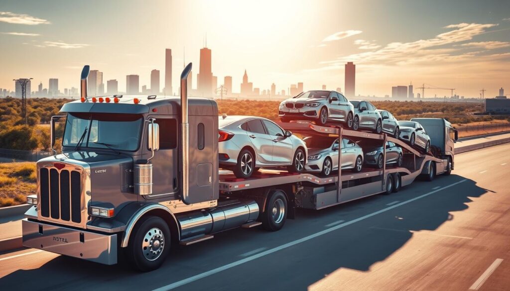 A well-lit, high-angle shot of a modern auto transport truck carrying multiple cars, with the Rockwall skyline in the background. The truck's chrome and glossy paint reflect the sunlight, while the cars on the trailer are neatly arranged. The scene conveys a sense of efficient, professional car shipping services ready to deliver vehicles to their destination. The lighting is warm and inviting, creating a sense of reliability and trust associated with the transport company. A well-lit, high-angle shot of a modern auto transport truck carrying multiple cars, with the Rockwall skyline in the background. The truck's chrome and glossy paint reflect the sunlight, while the cars on the trailer are neatly arranged. The scene conveys a sense of efficient, professional car shipping services ready to deliver vehicles to their destination. The lighting is warm and inviting, creating a sense of reliability and trust associated with the transport company.
