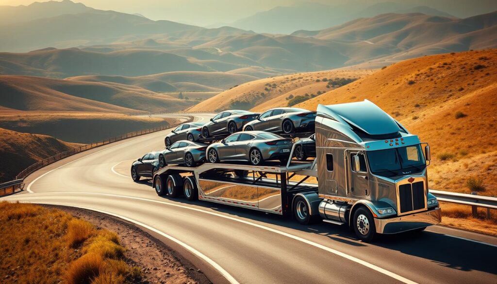 A well-lit, high-angle shot of a modern car carrier semi-truck transporting a diverse fleet of automobiles along a winding highway. The truck's gleaming chrome exterior and imposing silhouette command attention against a backdrop of rolling hills and a bright, hazy sky. The cars on the carrier, ranging from sleek sedans to rugged SUVs, are secured with precision, conveying a sense of safety and professionalism. The composition highlights the scale and efficiency of the car shipping operation, capturing the essence of a trusted, high-quality transportation service. A well-lit, high-angle shot of a modern car carrier semi-truck transporting a diverse fleet of automobiles along a winding highway. The truck's gleaming chrome exterior and imposing silhouette command attention against a backdrop of rolling hills and a bright, hazy sky. The cars on the carrier, ranging from sleek sedans to rugged SUVs, are secured with precision, conveying a sense of safety and professionalism. The composition highlights the scale and efficiency of the car shipping operation, capturing the essence of a trusted, high-quality transportation service.