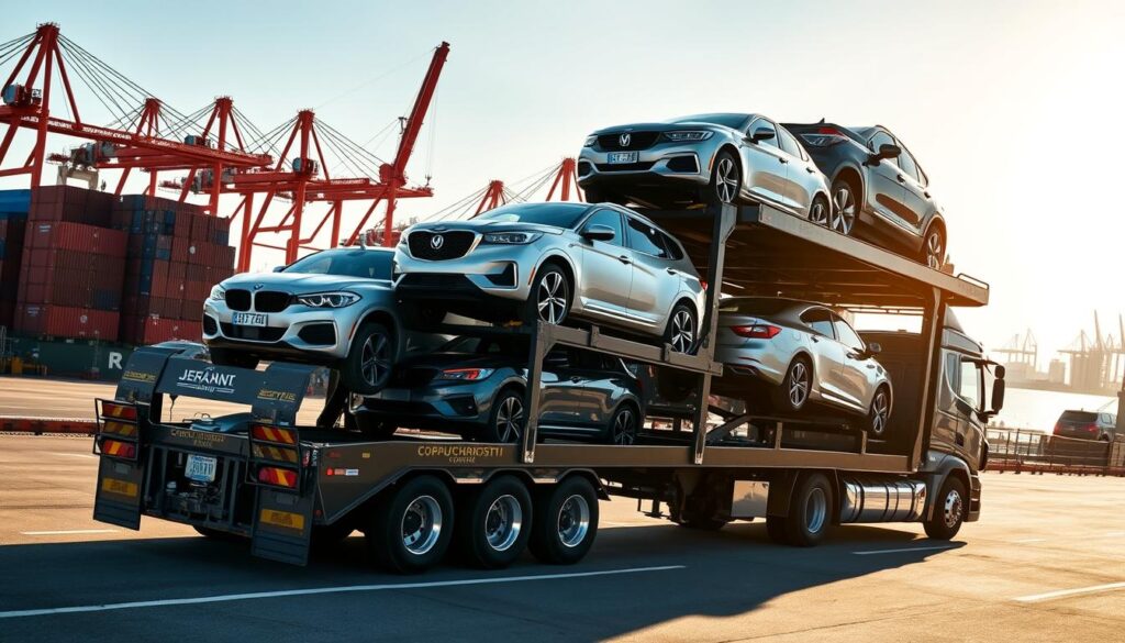 A well-lit, high-angle shot of a modern car carrier truck in a bustling Corpus Christi port setting. The truck's trailer is fully loaded with shiny, diverse vehicles securely fastened on multiple levels. In the background, cranes, ships, and the city skyline create an industrial, yet professional atmosphere. Sunlight casts long shadows, emphasizing the truck's sleek, imposing design. The scene conveys a sense of reliable, trustworthy car transportation services handled by skilled, licensed professionals. A well-lit, high-angle shot of a modern car carrier truck in a bustling Corpus Christi port setting. The truck's trailer is fully loaded with shiny, diverse vehicles securely fastened on multiple levels. In the background, cranes, ships, and the city skyline create an industrial, yet professional atmosphere. Sunlight casts long shadows, emphasizing the truck's sleek, imposing design. The scene conveys a sense of reliable, trustworthy car transportation services handled by skilled, licensed professionals.