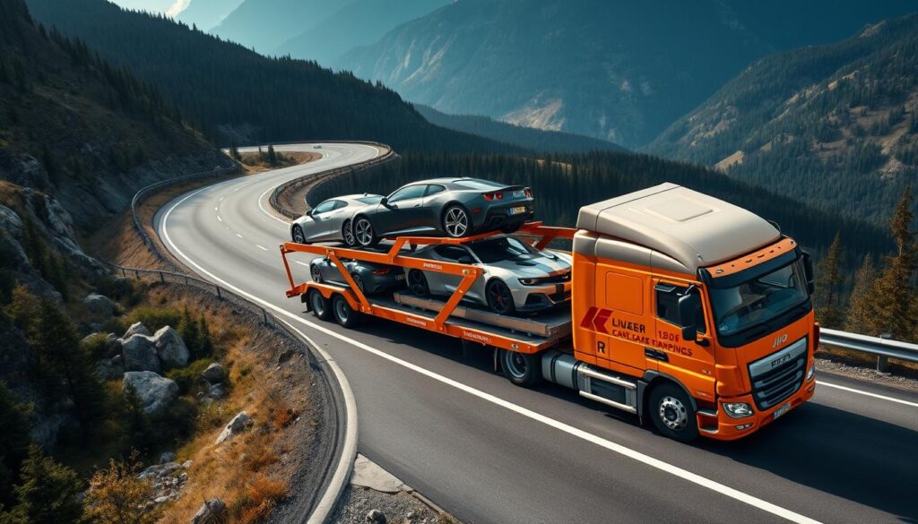 A well-lit, high-angle shot of a modern car transport truck loaded with several different vehicles, including a luxury sedan, a mid-size SUV, and a sports car, against a backdrop of a scenic highway winding through a mountainous, forested region. The truck's brightly colored livery and prominent company logo convey a sense of professionalism and reliability. The overall composition emphasizes the scale and capabilities of the car shipping service, with the dramatic natural setting creating a visually appealing and aspirational tone. A well-lit, high-angle shot of a modern car transport truck loaded with several different vehicles, including a luxury sedan, a mid-size SUV, and a sports car, against a backdrop of a scenic highway winding through a mountainous, forested region. The truck's brightly colored livery and prominent company logo convey a sense of professionalism and reliability. The overall composition emphasizes the scale and capabilities of the car shipping service, with the dramatic natural setting creating a visually appealing and aspirational tone.