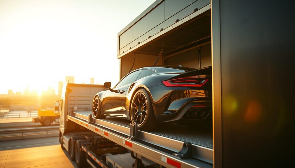 A well-lit, high-angle shot of a professional car shipping operation in Plano, Texas. In the foreground, a large car carrier truck is carefully loading a shiny, sleek sports car onto its upper deck. The truck's interior is meticulously organized, with straps and securing mechanisms holding the vehicle in place. In the middle ground, the Plano skyline is visible, with modern office buildings and warehouses in the distance. The scene is bathed in warm, golden afternoon sunlight, creating a sense of efficiency and professionalism. The overall atmosphere conveys the reliable and secure nature of the auto transport service, ready to deliver vehicles safely to their destination. A well-lit, high-angle shot of a professional car shipping operation in Plano, Texas. In the foreground, a large car carrier truck is carefully loading a shiny, sleek sports car onto its upper deck. The truck's interior is meticulously organized, with straps and securing mechanisms holding the vehicle in place. In the middle ground, the Plano skyline is visible, with modern office buildings and warehouses in the distance. The scene is bathed in warm, golden afternoon sunlight, creating a sense of efficiency and professionalism. The overall atmosphere conveys the reliable and secure nature of the auto transport service, ready to deliver vehicles safely to their destination.