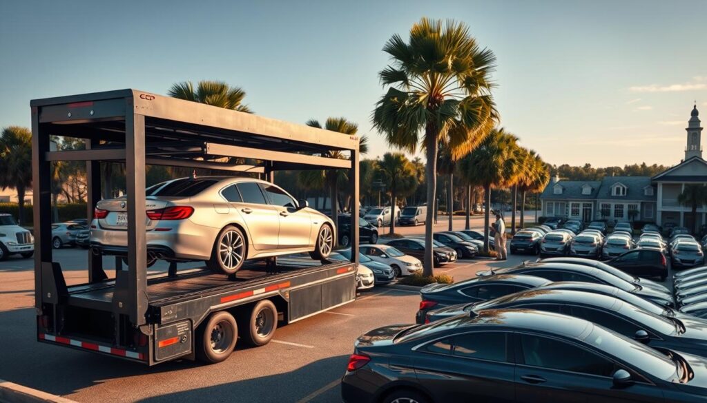 A well-lit, high-angle shot of a professional vehicle shipping yard in Mount Pleasant, South Carolina. In the foreground, a sleek, modern car carrier truck carefully loads a gleaming luxury sedan onto its multi-level platform. Surrounding the truck, rows of neatly parked vehicles await transport, their glossy finishes reflecting the warm sun. The middle ground features the meticulously organized storage area, with vehicles categorized by make, model, and destination. In the background, the iconic palmetto trees and historic architecture of Mount Pleasant create a picturesque coastal backdrop, evoking a sense of trust and reliability in the shipping service. The overall scene conveys the expertise, care, and attention to detail provided by the professional vehicle shipping company. A well-lit, high-angle shot of a professional vehicle shipping yard in Mount Pleasant, South Carolina. In the foreground, a sleek, modern car carrier truck carefully loads a gleaming luxury sedan onto its multi-level platform. Surrounding the truck, rows of neatly parked vehicles await transport, their glossy finishes reflecting the warm sun. The middle ground features the meticulously organized storage area, with vehicles categorized by make, model, and destination. In the background, the iconic palmetto trees and historic architecture of Mount Pleasant create a picturesque coastal backdrop, evoking a sense of trust and reliability in the shipping service. The overall scene conveys the expertise, care, and attention to detail provided by the professional vehicle shipping company.