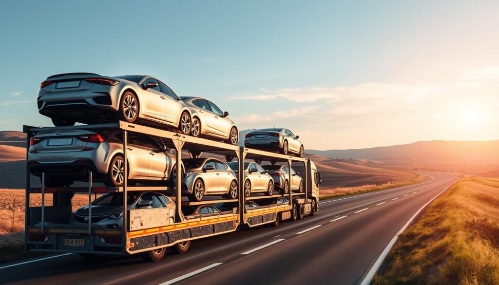 A well-lit, high-angle view of a car carrier transporting multiple vehicles on a highway in the United States. The carrier features multiple levels to efficiently stack and transport a variety of car models. The background showcases rolling hills, clear skies, and a serene, countryside landscape, conveying a sense of safe and reliable transportation. The image should have a clean, professional aesthetic that highlights the logistics and care involved in the car shipping process. A well-lit, high-angle view of a car carrier transporting multiple vehicles on a highway in the United States. The carrier features multiple levels to efficiently stack and transport a variety of car models. The background showcases rolling hills, clear skies, and a serene, countryside landscape, conveying a sense of safe and reliable transportation. The image should have a clean, professional aesthetic that highlights the logistics and care involved in the car shipping process.