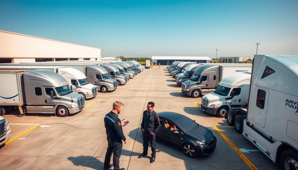 A well-lit, high-angle view of a fleet of modern, well-maintained auto transport trucks lined up in a spacious, neatly organized auto transport depot. The trucks are a mix of sleek, enclosed carriers and open-air car haulers, all emblazoned with the logo of a reputable door-to-door auto transport company. The depot is surrounded by a secure, fenced perimeter, with ample parking and loading/unloading zones. In the foreground, a customer is speaking with a uniformed driver, discussing the safe, insured transportation of their prized vehicle. The scene conveys a sense of professionalism, reliability, and attention to customer service in the auto transport industry.