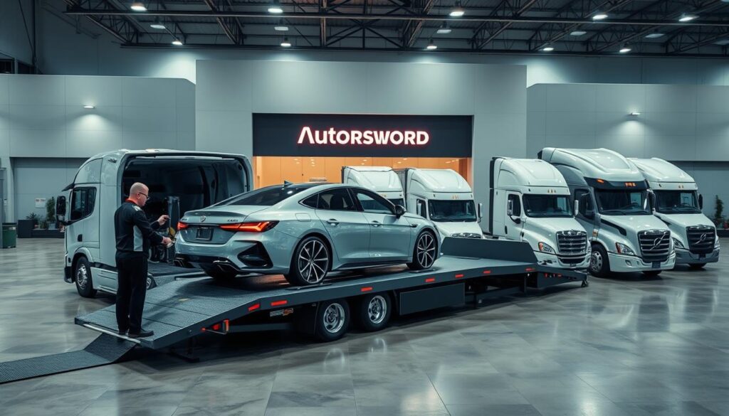 A well-lit, high-angle view of a modern auto transport service facility in Friendswood, TX. In the foreground, a team of professional drivers carefully securing a luxury sedan onto a state-of-the-art car carrier. The middle ground showcases a fleet of pristine transport trucks ready to deliver vehicles with the utmost care. In the background, the facility's sleek, contemporary architecture with prominent signage highlights its commitment to reliable, customer-centric auto transport services. The scene conveys a sense of efficiency, expertise, and the attention to detail that defines the auto transport experience in Friendswood. A well-lit, high-angle view of a modern auto transport service facility in Friendswood, TX. In the foreground, a team of professional drivers carefully securing a luxury sedan onto a state-of-the-art car carrier. The middle ground showcases a fleet of pristine transport trucks ready to deliver vehicles with the utmost care. In the background, the facility's sleek, contemporary architecture with prominent signage highlights its commitment to reliable, customer-centric auto transport services. The scene conveys a sense of efficiency, expertise, and the attention to detail that defines the auto transport experience in Friendswood.