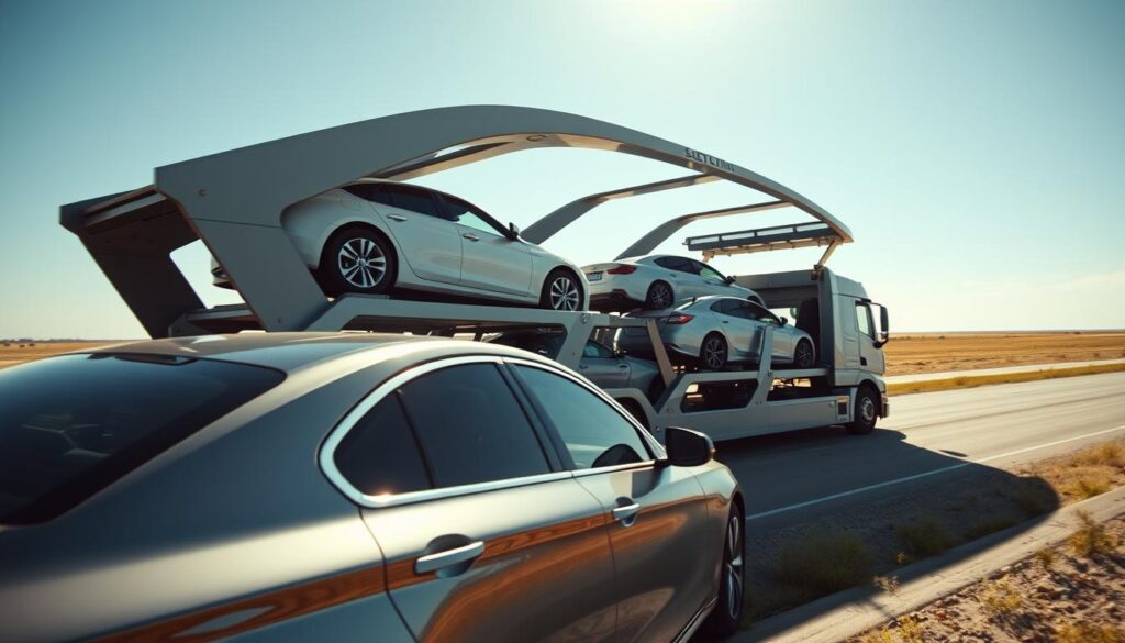 A well-lit, high-angle view of a modern car carrier transporting several automobiles on the open road in Abilene, Texas. The carrier has a sleek, aerodynamic design with multiple levels to securely hold the vehicles. In the foreground, a shiny, mid-size sedan is visible, reflecting the bright, warm sunlight. The middle ground features a mix of different makes and models, all carefully loaded and secured. In the distant background, the wide, flat Texas landscape stretches out, with a clear, blue sky overhead, conveying a sense of reliable, efficient transportation. A well-lit, high-angle view of a modern car carrier transporting several automobiles on the open road in Abilene, Texas. The carrier has a sleek, aerodynamic design with multiple levels to securely hold the vehicles. In the foreground, a shiny, mid-size sedan is visible, reflecting the bright, warm sunlight. The middle ground features a mix of different makes and models, all carefully loaded and secured. In the distant background, the wide, flat Texas landscape stretches out, with a clear, blue sky overhead, conveying a sense of reliable, efficient transportation.
