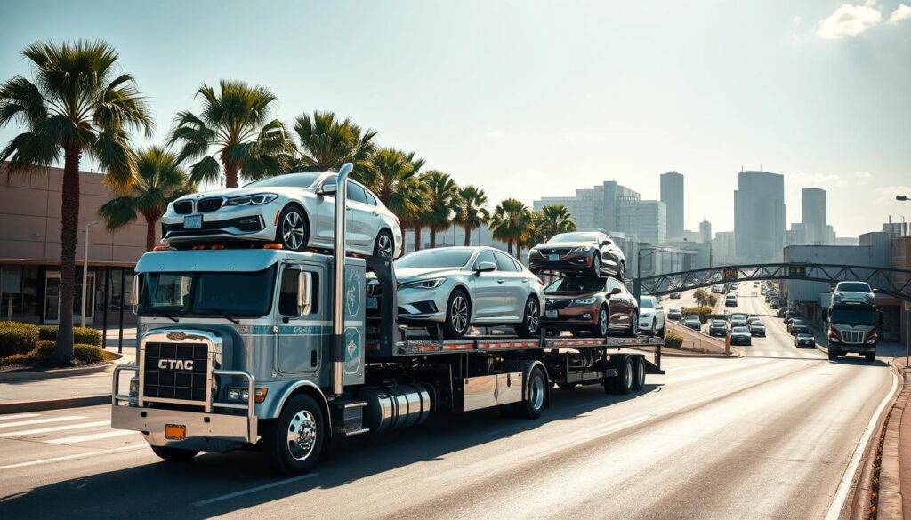A well-lit, high-angle view of a modern car transport truck hauling multiple vehicles on a multi-level car carrier, against the backdrop of a bustling Kingsville cityscape. The truck is prominently featured in the foreground, its chrome detailing and cargo of various makes and models of cars clearly visible. In the middle ground, the streets of Kingsville are lined with palm trees and commercial buildings, conveying a sense of a thriving, industrial hub. The sky is clear and bright, with soft, directional lighting casting shadows and highlights across the scene, creating a sense of depth and dimension. The overall composition and attention to detail suggest a reliable, professional vehicle transport service operating in Kingsville, Texas. A well-lit, high-angle view of a modern car transport truck hauling multiple vehicles on a multi-level car carrier, against the backdrop of a bustling Kingsville cityscape. The truck is prominently featured in the foreground, its chrome detailing and cargo of various makes and models of cars clearly visible. In the middle ground, the streets of Kingsville are lined with palm trees and commercial buildings, conveying a sense of a thriving, industrial hub. The sky is clear and bright, with soft, directional lighting casting shadows and highlights across the scene, creating a sense of depth and dimension. The overall composition and attention to detail suggest a reliable, professional vehicle transport service operating in Kingsville, Texas.